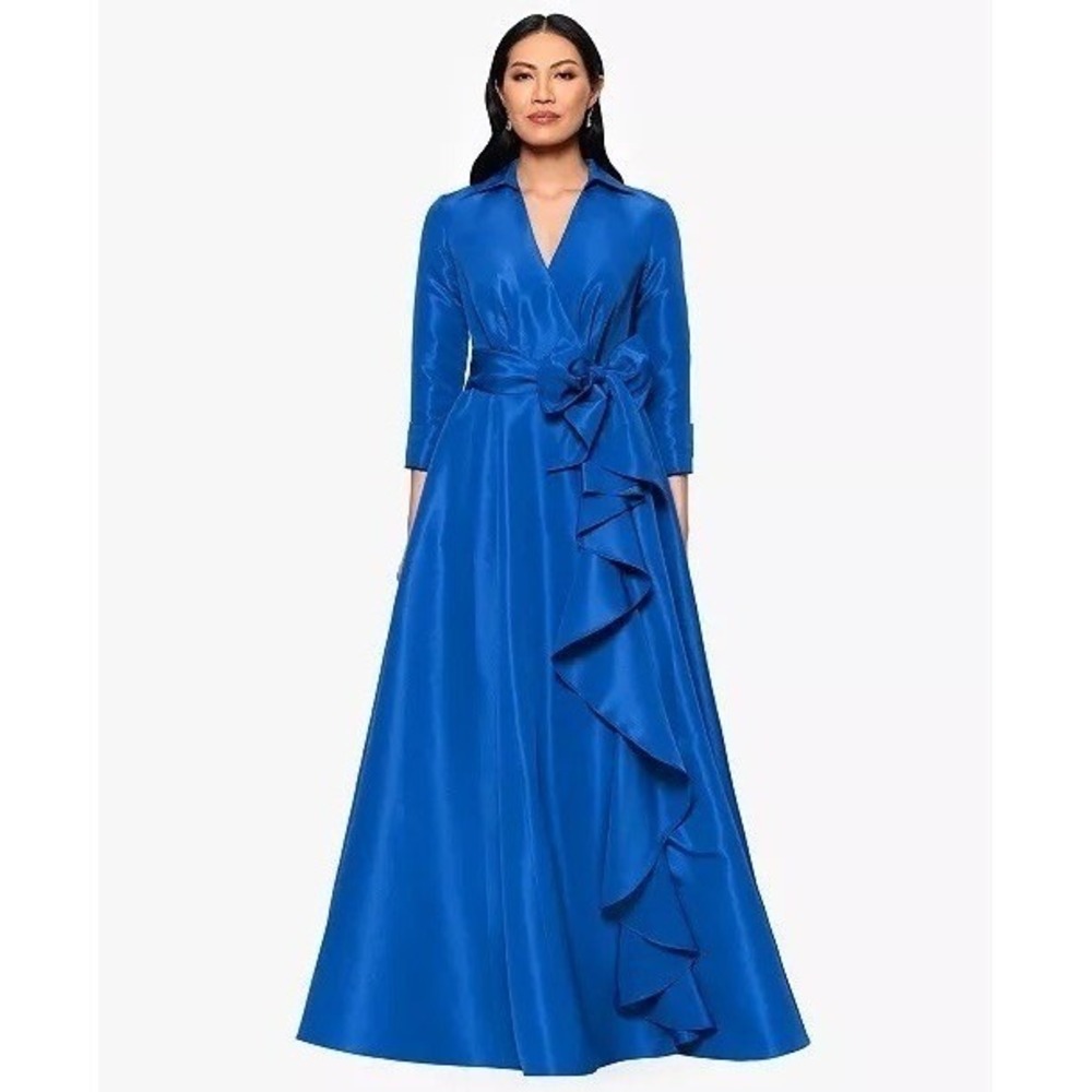 NWT Betsy & Adam Women's Taffeta Ruffled Long Wrap Dress 4 $299